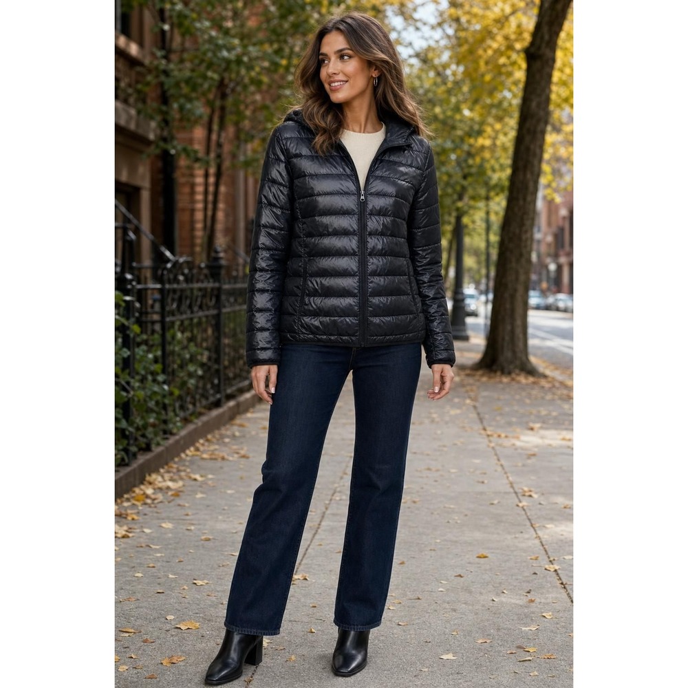 Ambiance Puffer Jacket Women's M Black Hooded Lightweight Casual Quilted Zip Up